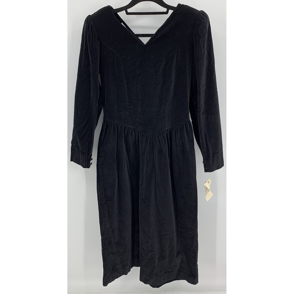 Vintage NOS Black Velvet Long Sleeve Dress Gown Modest Size 12 Puff Sleeves